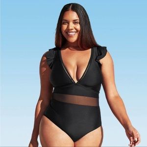 One Piece Swimsuit Cupshe Plus 0X Black VNeck Ruffle Mesh Sheer Swimsuit Plunge